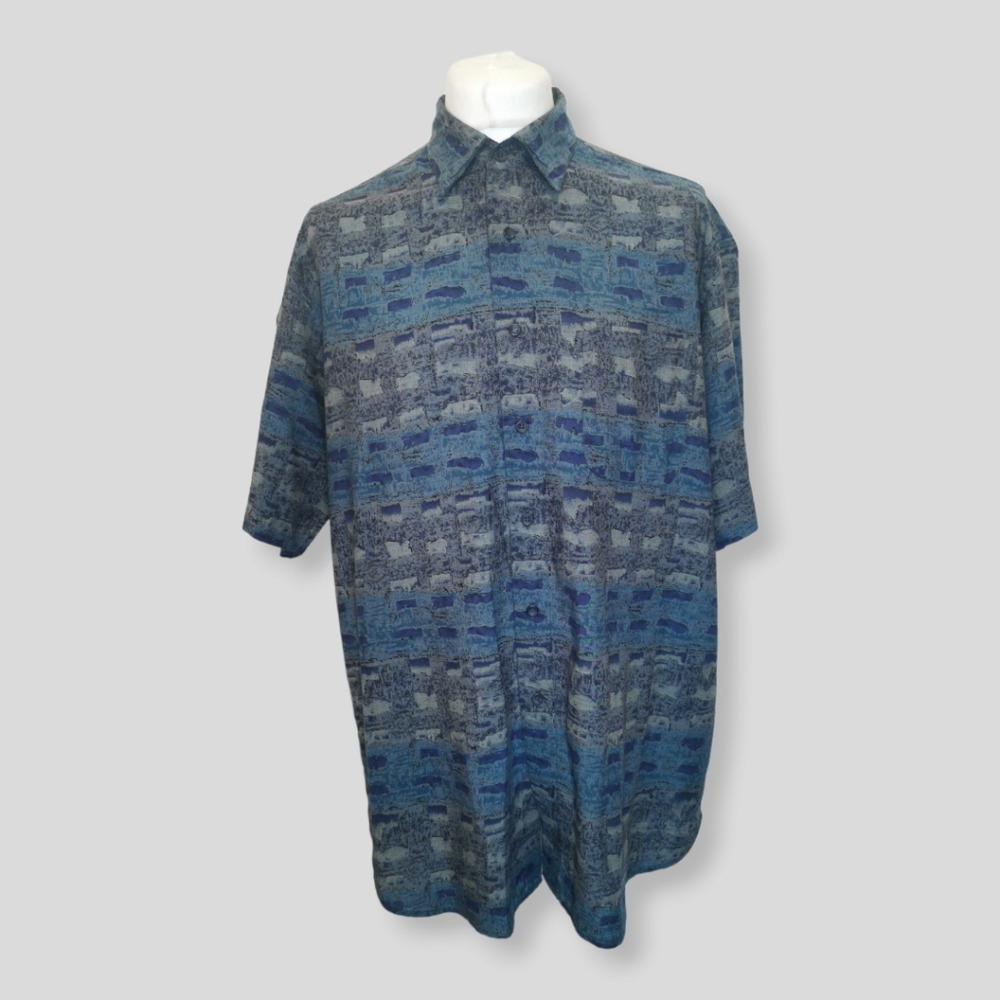 Abstract Pattern Shirt Mens Size XL Blue Short Sleeve Pocket Shirt - Picture 1 of 7